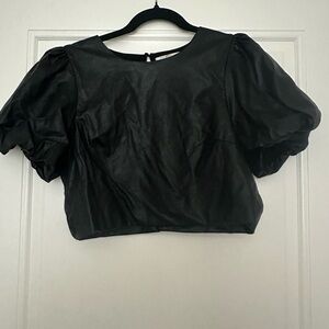 Elegant Black Leather Puff Sleeve Top